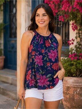 Papermoon Medium Navy Floral Keyhole Halter Blouse